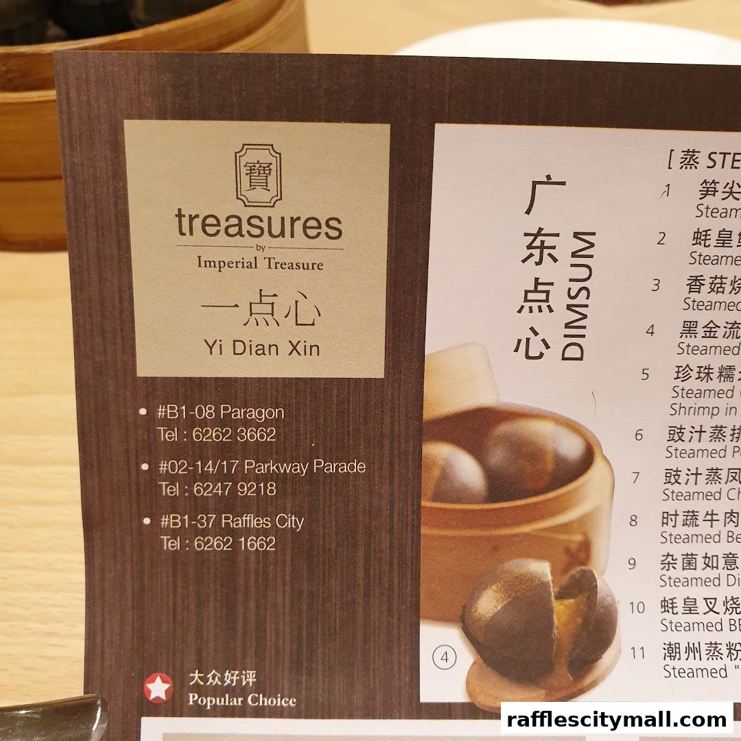 A menu from Treasures Yi Dian Xin, featuring dim sum items and contact information.