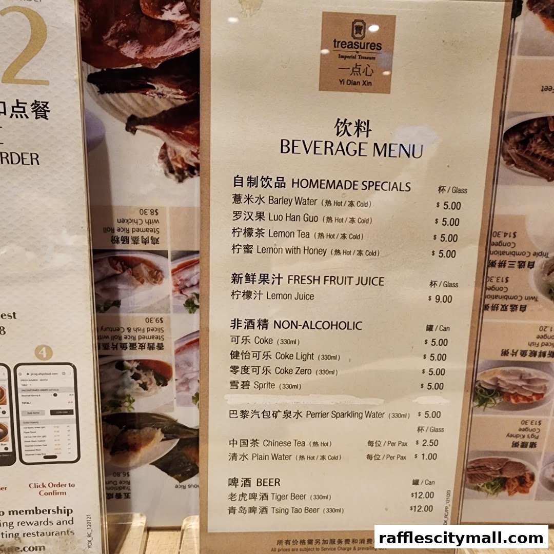 A beverage menu for Treasures Yi Dian Xin, featuring homemade specials, fresh juices, non-alcoholic drinks, and beer.