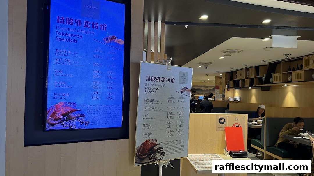 A digital menu board and a physical menu display featuring roasted delights and takeaway specials.