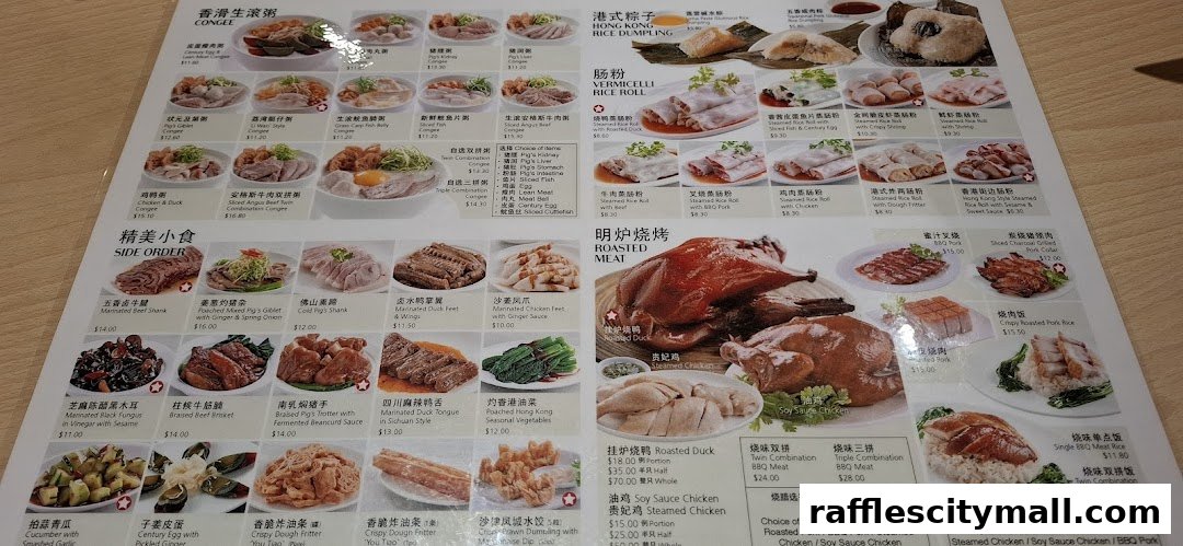 A menu featuring various Chinese dishes including congee, rice dumplings, vermicelli rolls, and roasted meats.