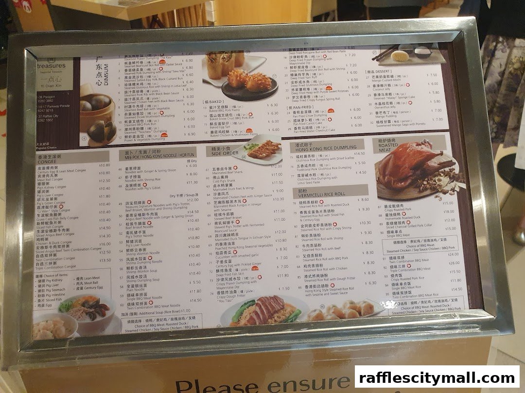 A menu for Treasures Yi Dian Xin, featuring dim sum, congee, noodles, and roasted meats.