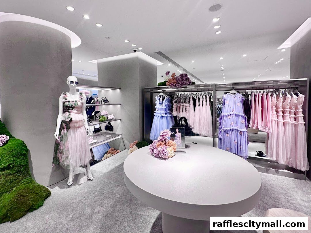 Interior of a fashion boutique showcasing elegant dresses and accessories on mannequins and racks.