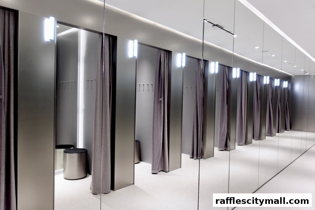 A row of modern, well-lit fitting rooms with grey curtains and mirrored walls.