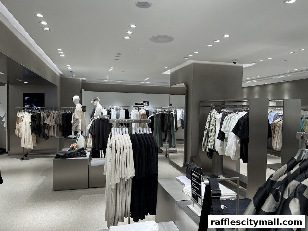 Interior view of a modern clothing store with racks of apparel and mannequins.