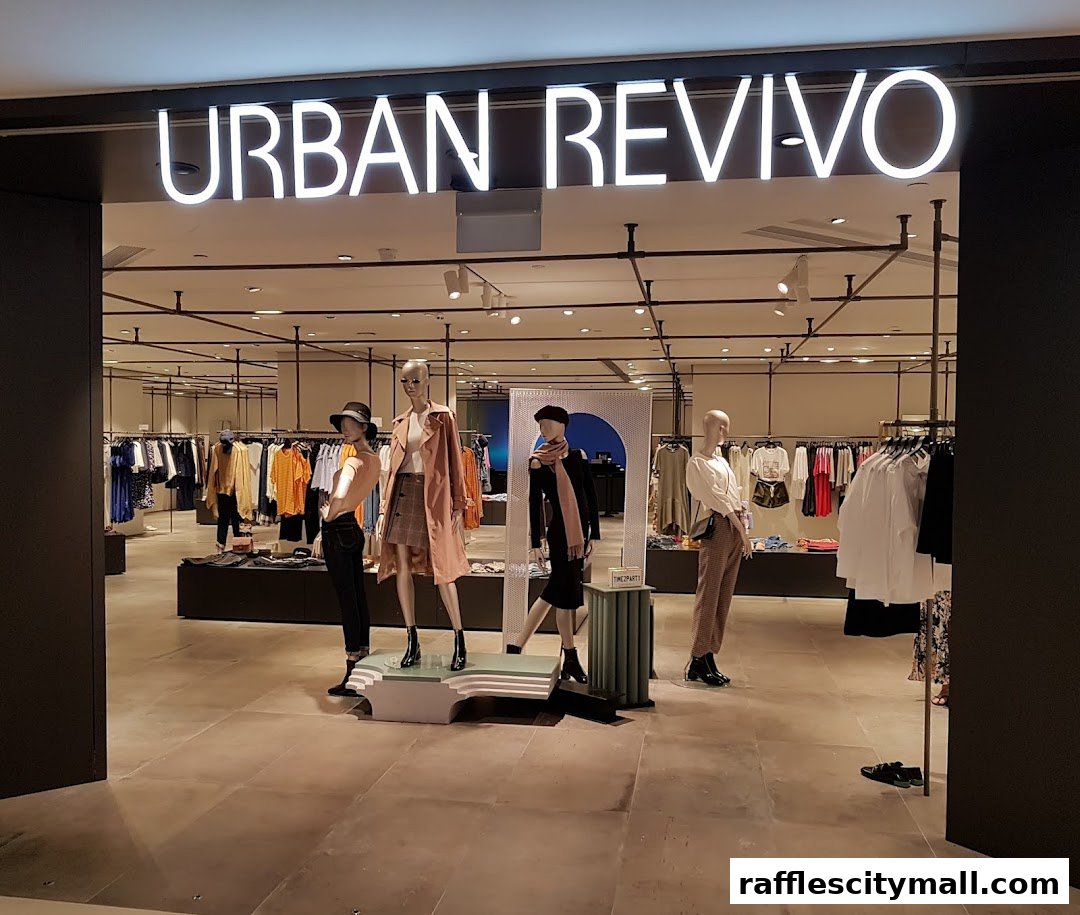 URBAN REVIVO store entrance with mannequins displaying fashionable outfits and clothing racks inside.