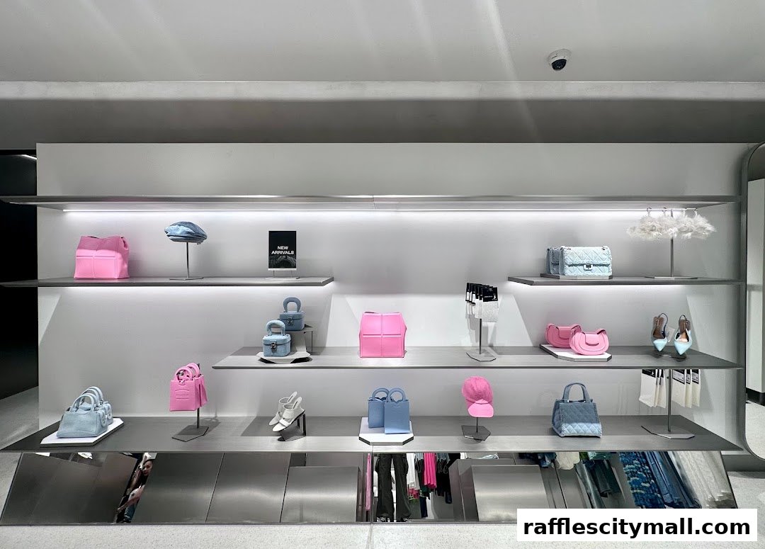 A well-lit display of fashionable handbags and shoes on shelves in a retail store.