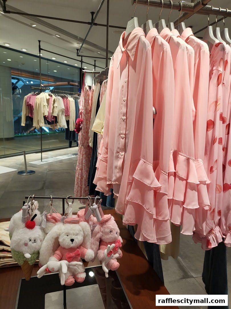 A display of pink women's clothing and cute plush keychains inside a retail store.