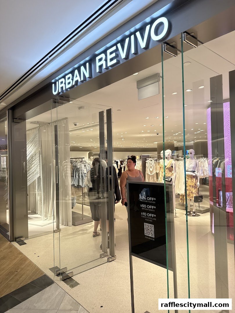 The entrance to Urban Revivo, a fashion store, with clothing displays and a promotional sign.