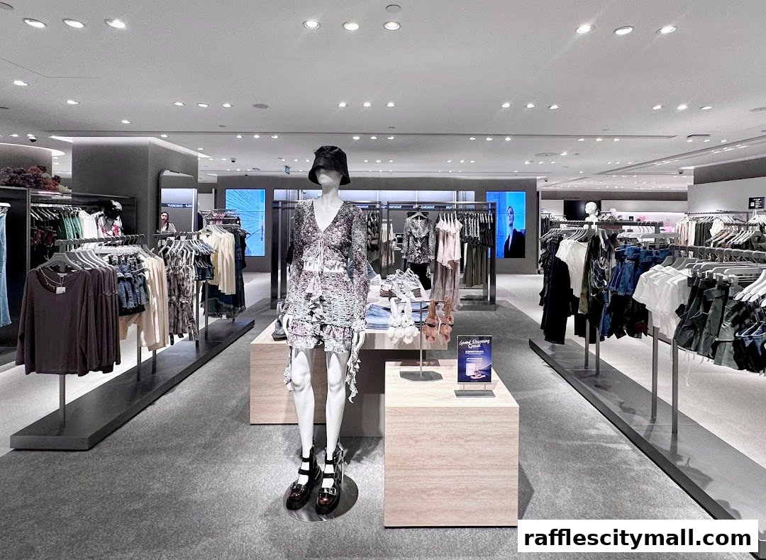 Interior view of a modern clothing store with mannequins and racks of apparel.