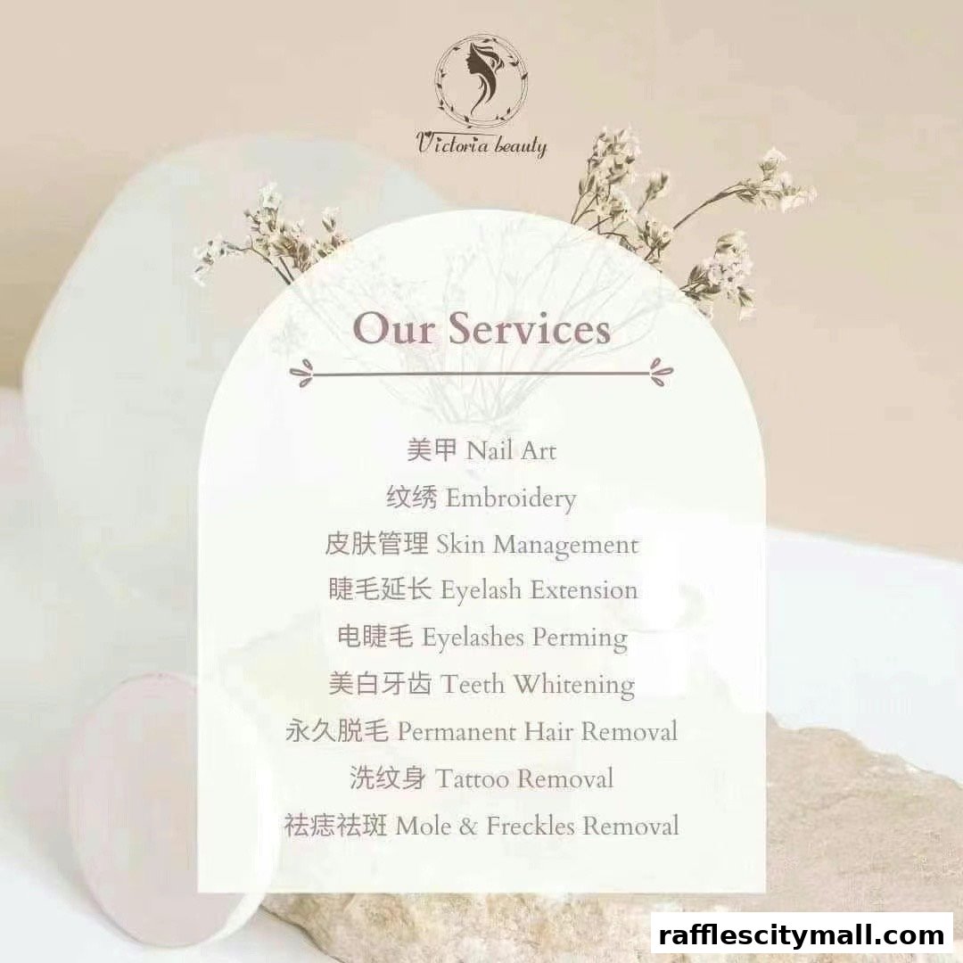 A list of beauty services offered by Victoria Beauty SPA, including nail art and skin management.