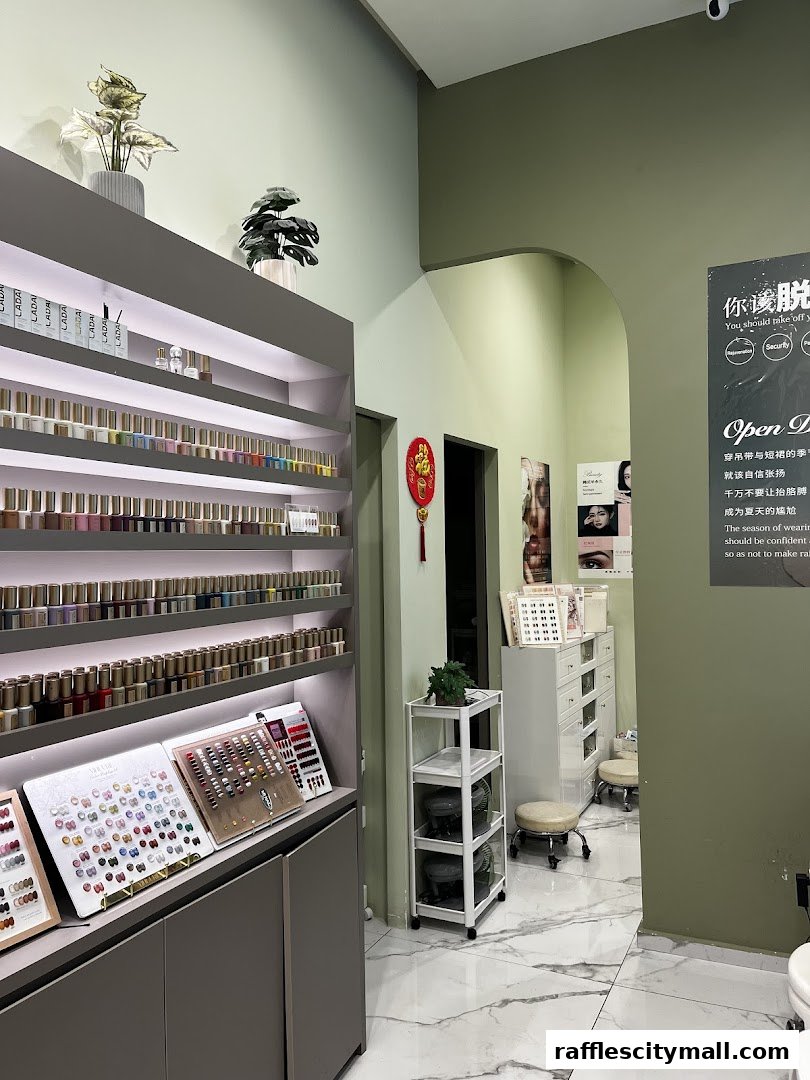 Interior of a beauty spa with shelves of nail polish and displays of nail art.