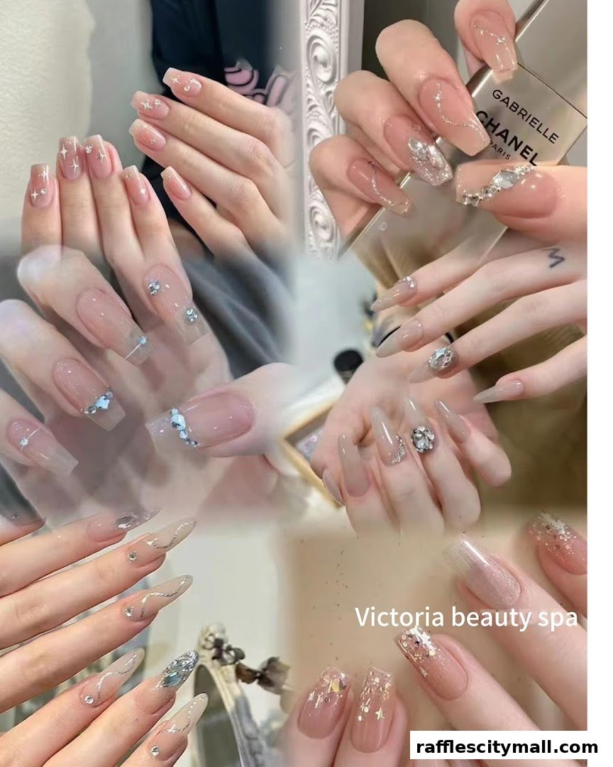 Collage of various beautifully designed and decorated fingernails.
