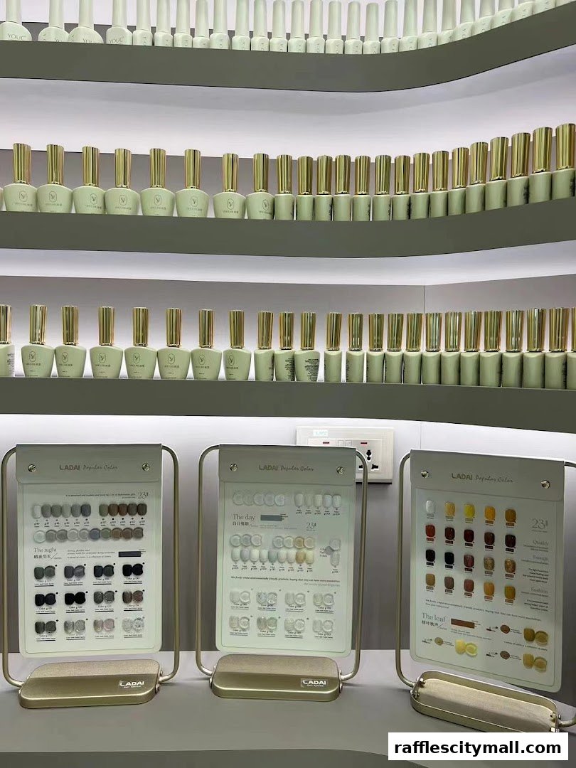 Shelves filled with nail polish bottles and display boards showing color swatches.
