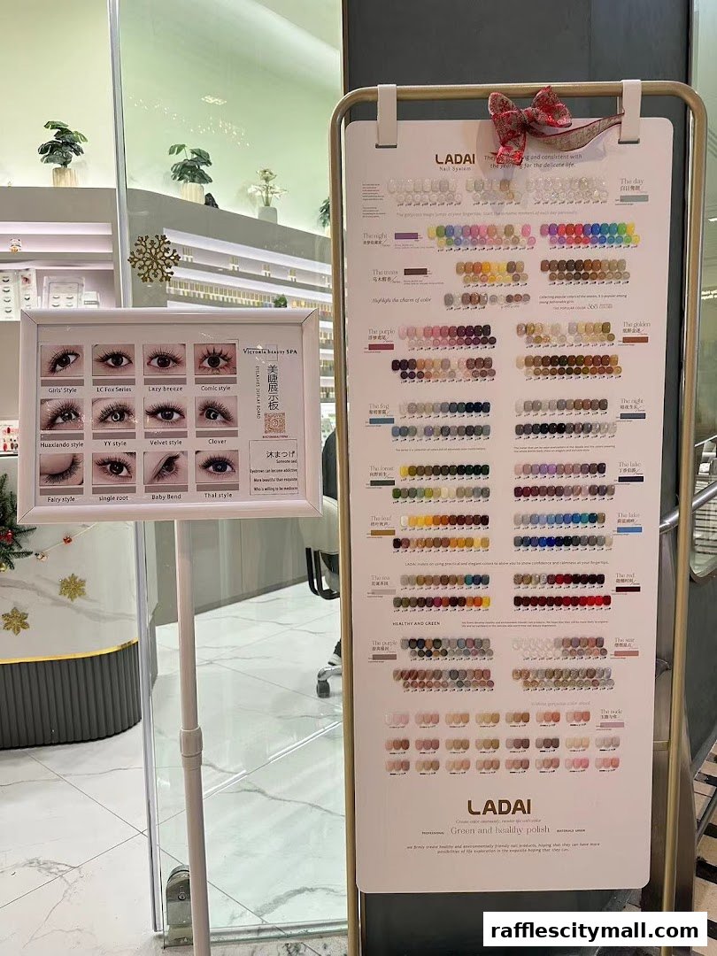 A display board showcasing eyelash styles and a wide range of nail polish colors.