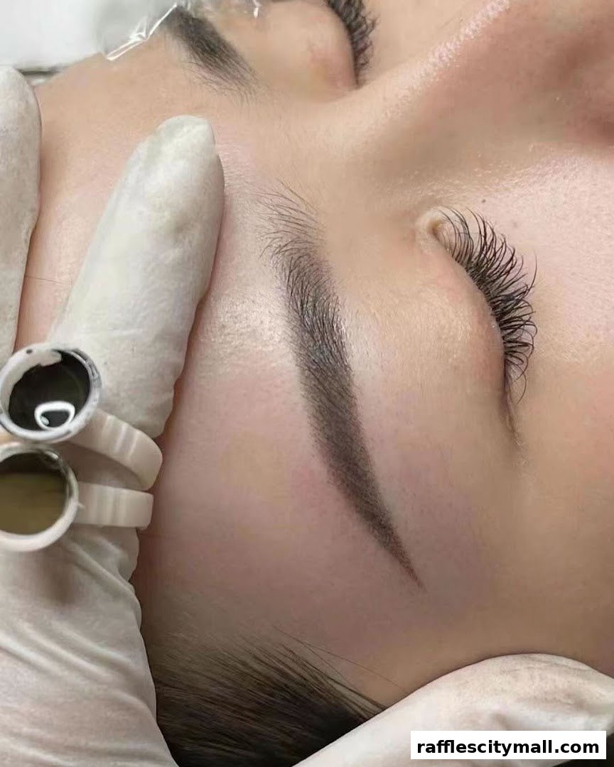 A close-up of a person receiving eyebrow microblading treatment.