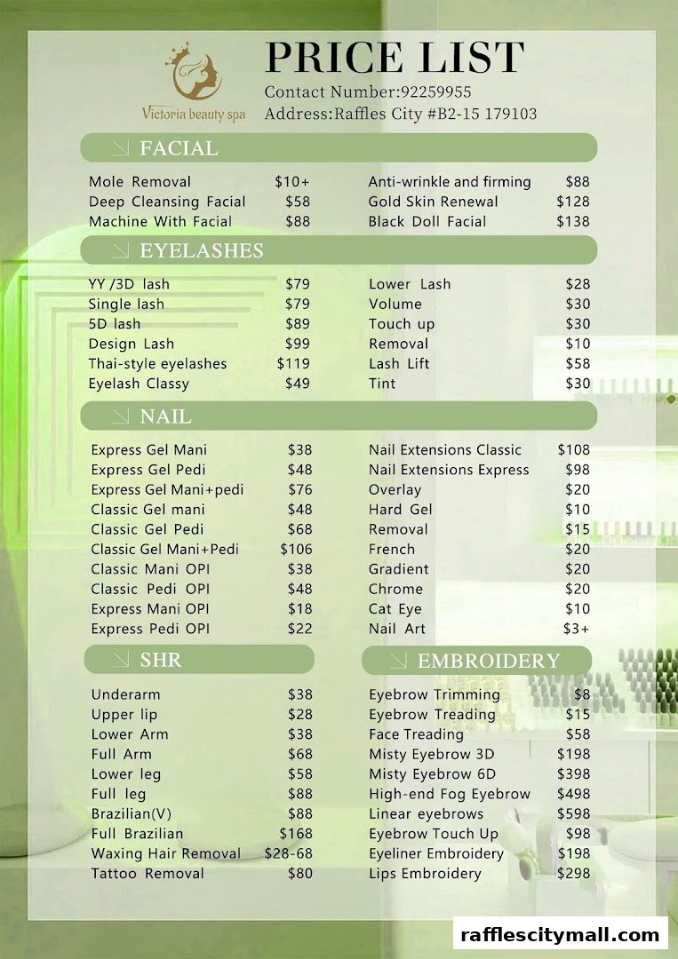Price list for Victoria beauty SPA, featuring services for facial, eyelashes, nails, SHR, and embroidery.