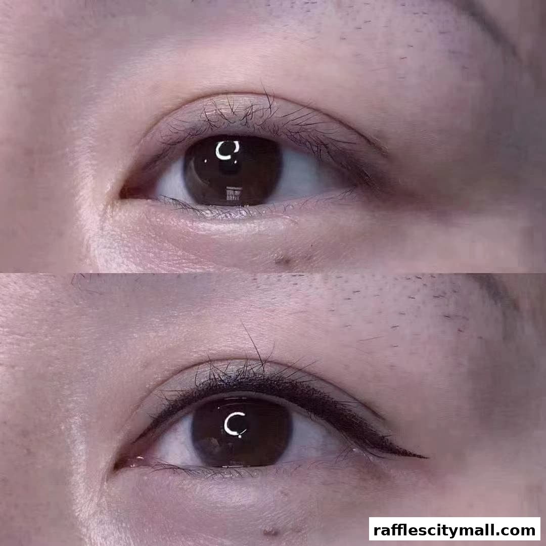 A close-up split image showing a before and after of eyeliner application on a woman's eye.