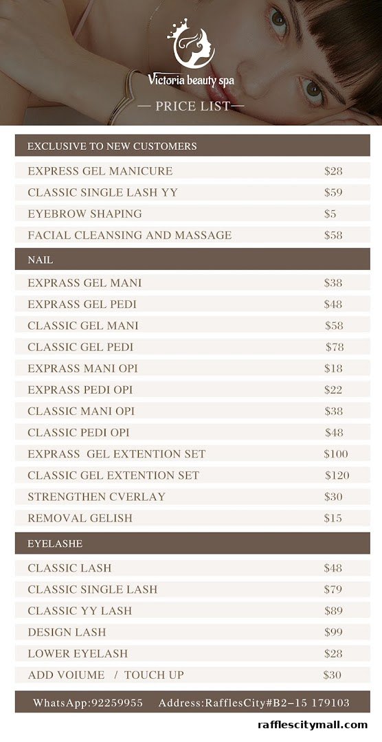 Price list for Victoria Beauty Spa, featuring nail and eyelash services.