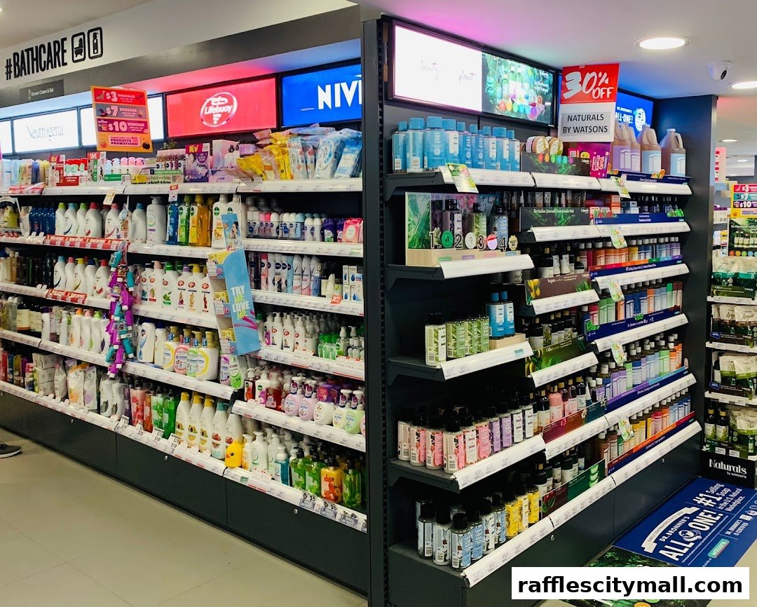A wide selection of health and beauty products displayed on shelves in a Watsons store.