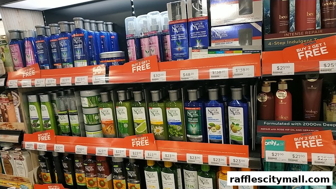 Shelves stocked with various hair care products, including shampoos and serums, with promotional signage.