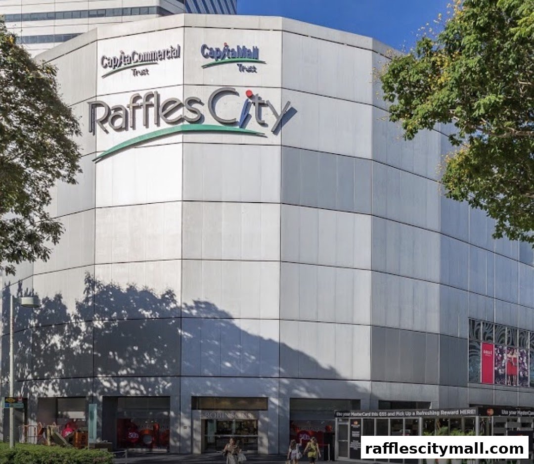 The exterior of Raffles City shopping mall with trees and shadows.