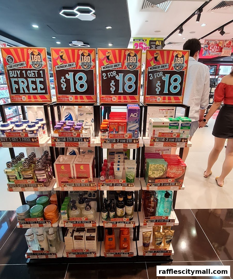 A display of health and beauty products with various promotional offers.