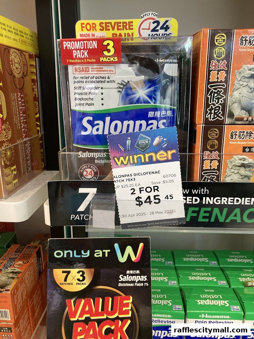 A display of Salonpas pain relief patches and other health products at Watsons.