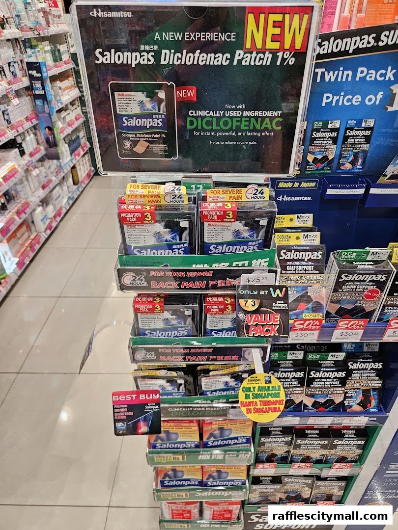 A display of Salonpas Diclofenac patches and other pain relief products in a retail store.