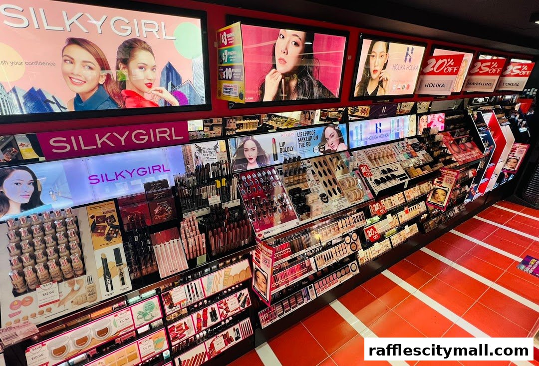 A well-stocked beauty store display featuring various makeup brands and products.