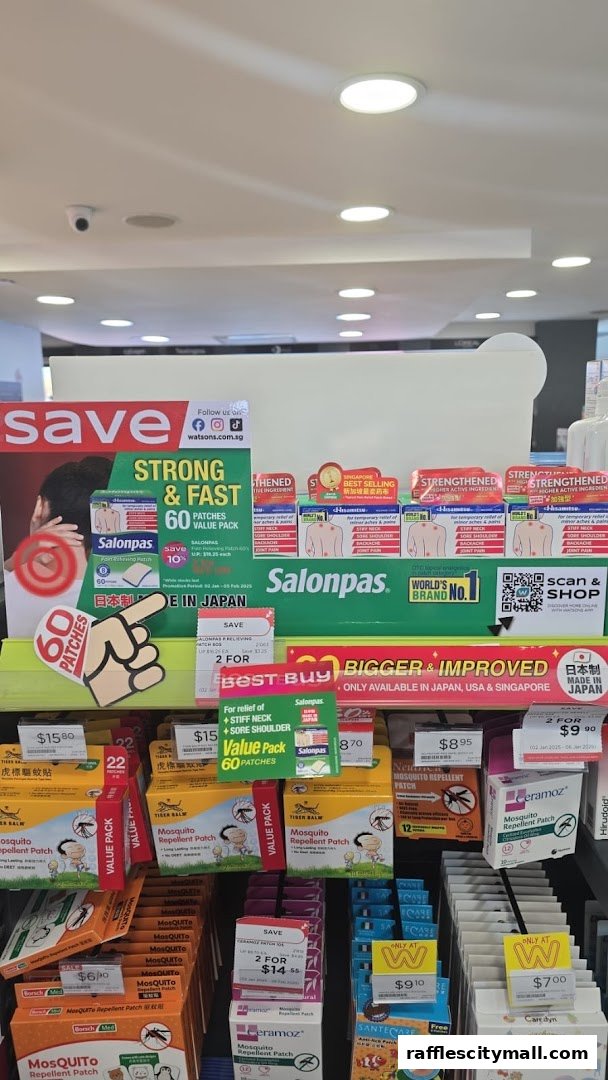 A display of various health and wellness products, including pain relief patches and mosquito repellent.