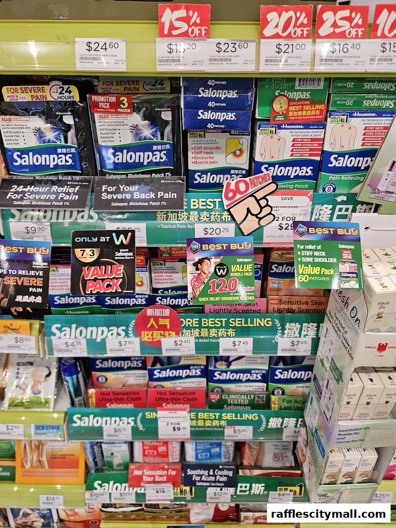 A display of Salonpas pain relief patches and other health products on shelves.