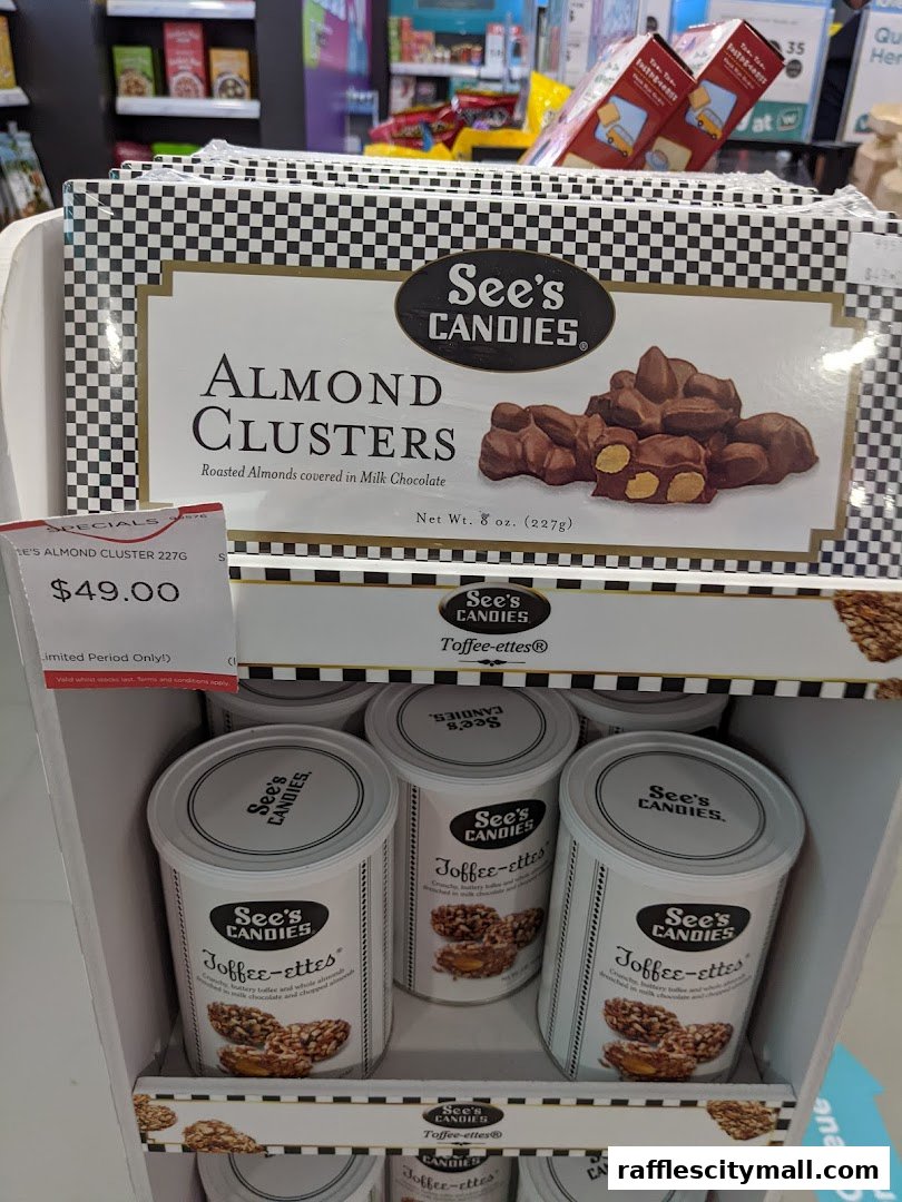 A display of See's Candies, featuring Almond Clusters and Toffee-ettes.