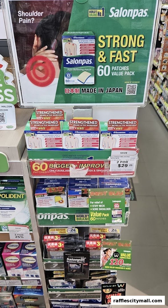 A display of Salonpas pain relief patches in various sizes and value packs.