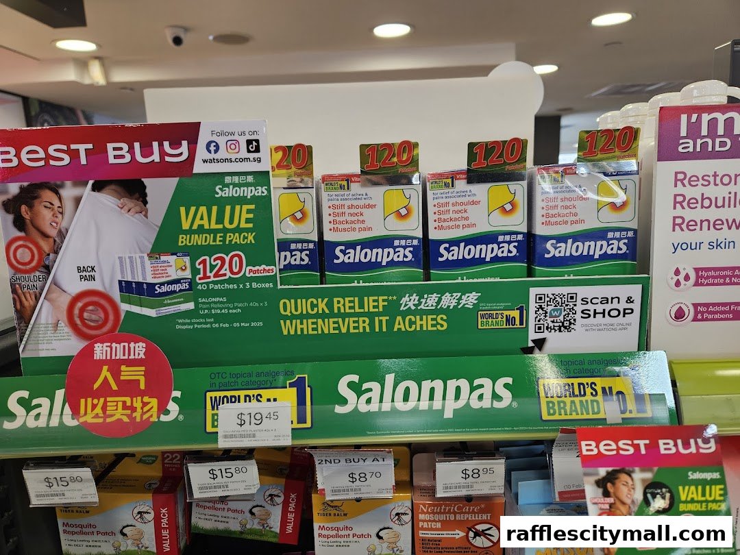 A display of Salonpas pain relief patches and other health products at Watsons.