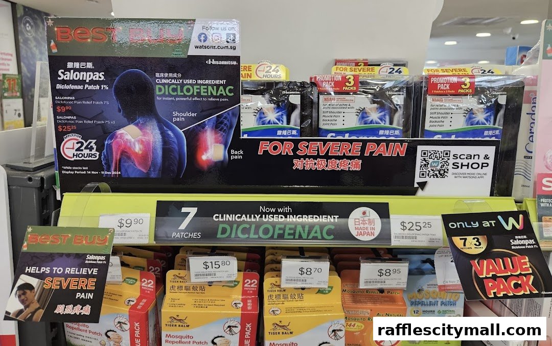 A display of pain relief patches and mosquito repellent patches at Watsons.