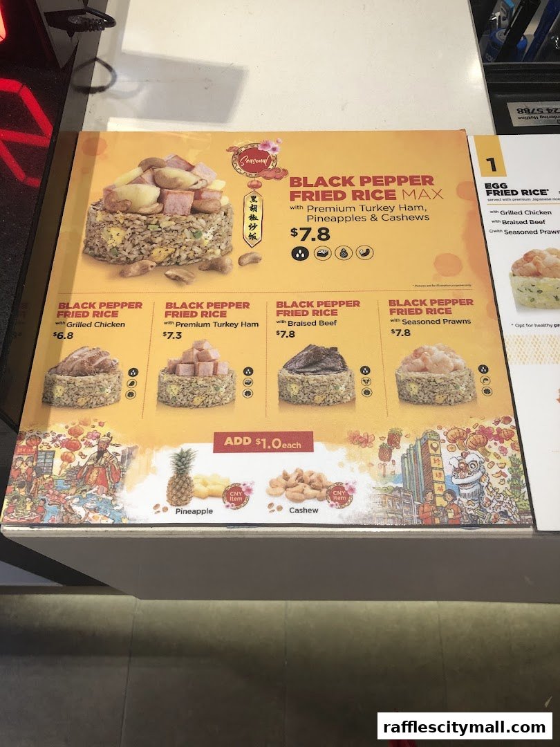 A menu board for Wok Hey featuring various black pepper fried rice options.