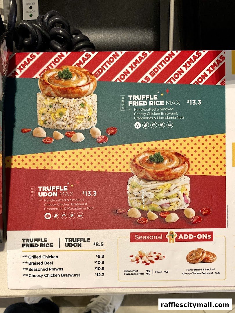 A menu board showcasing Truffle Fried Rice and Udon with various add-ons and seasonal specials.