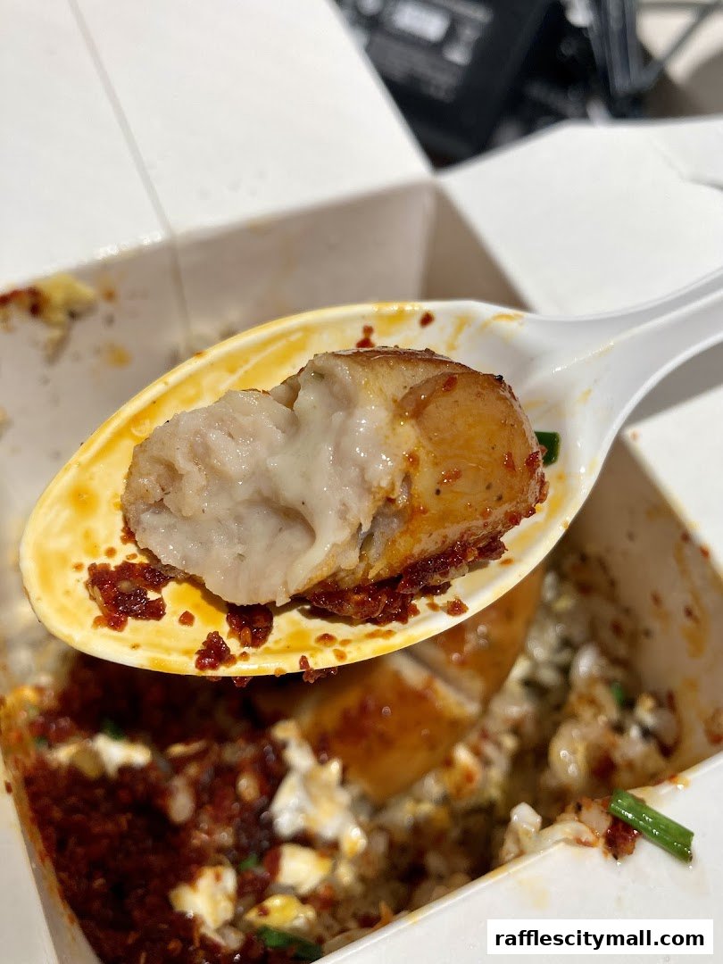 A close-up of a spoon holding a piece of meat with sauce, over a takeaway box of food.