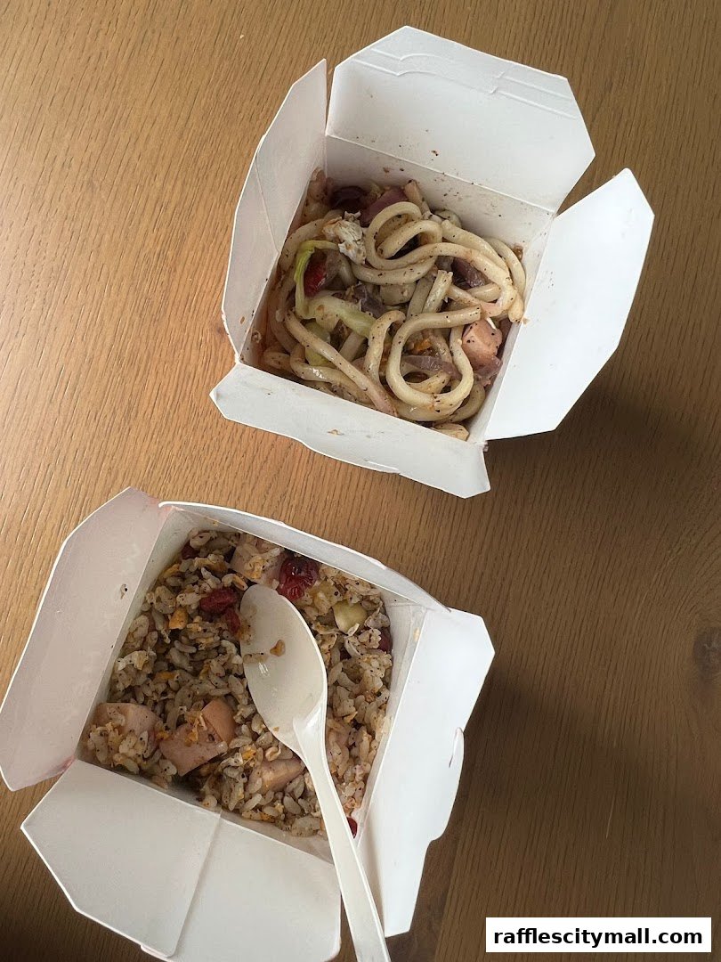 Two takeaway boxes filled with delicious noodles and rice dishes.