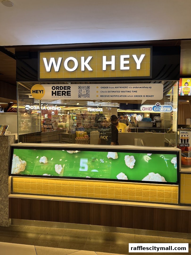 The Wok Hey shop front with prominent signage and an ordering QR code.