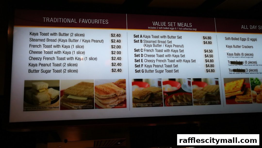 A menu board for Ya Kun Kaya Toast featuring traditional favorites and value set meals.