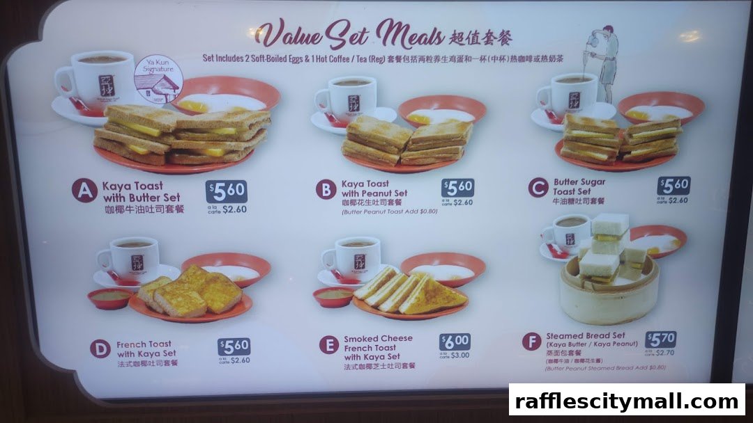 A menu board displaying various value set meals from Ya Kun Kaya Toast, featuring different toast and drink combinations.