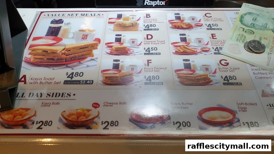 A menu from Ya Kun Kaya Toast featuring value set meals and all-day sides.