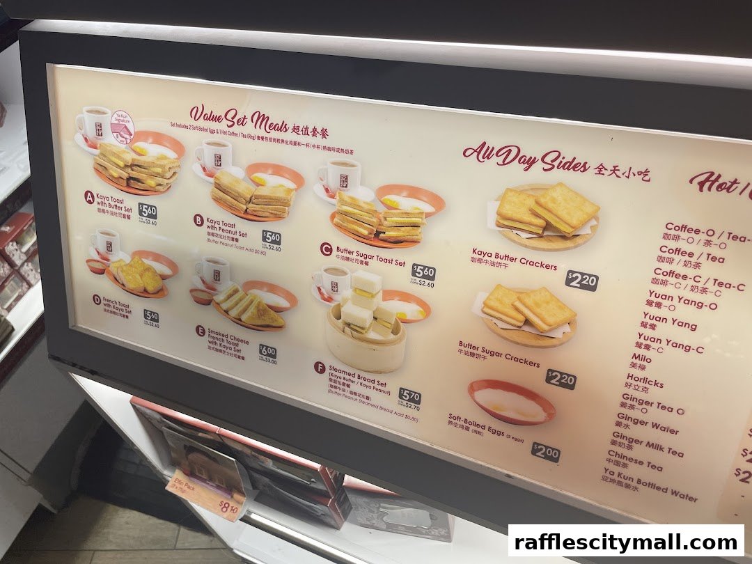 A menu board displaying various set meals, sides, and beverages from Ya Kun Kaya Toast.