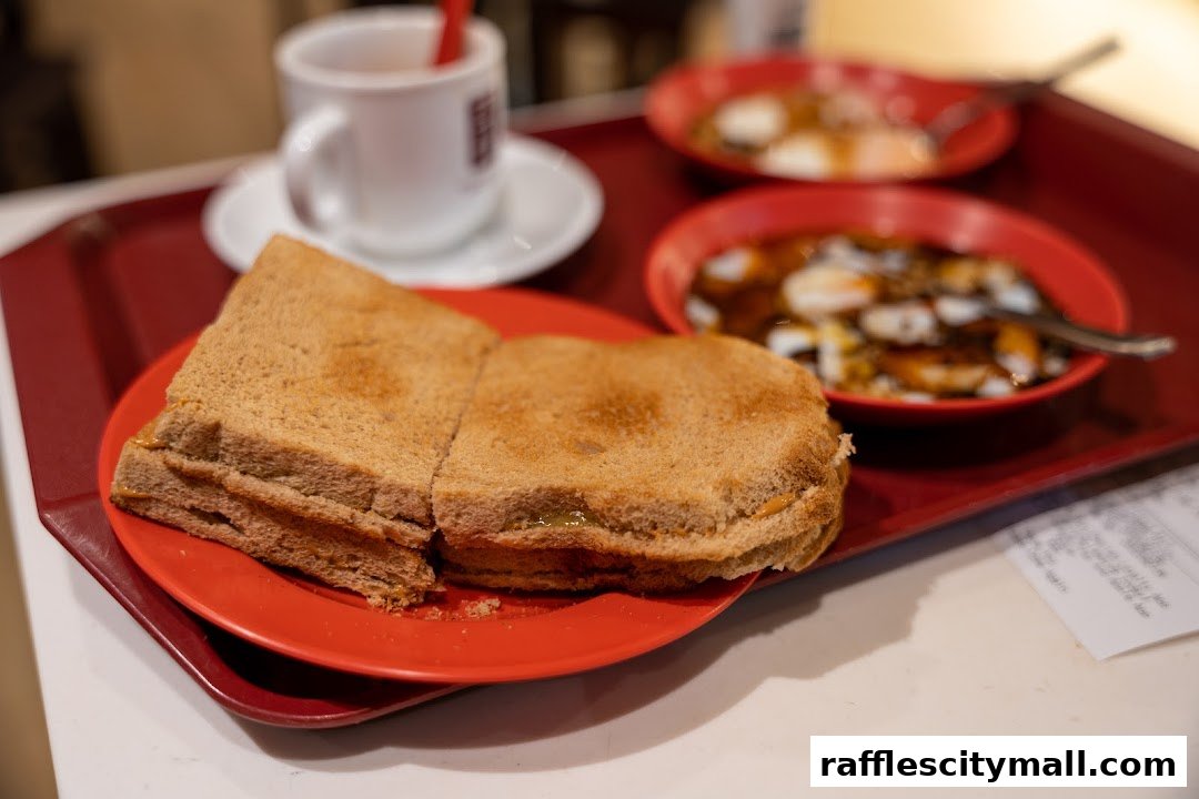 A close-up of kaya toast and soft-boiled eggs on a red tray at Ya Kun Kaya Toast.