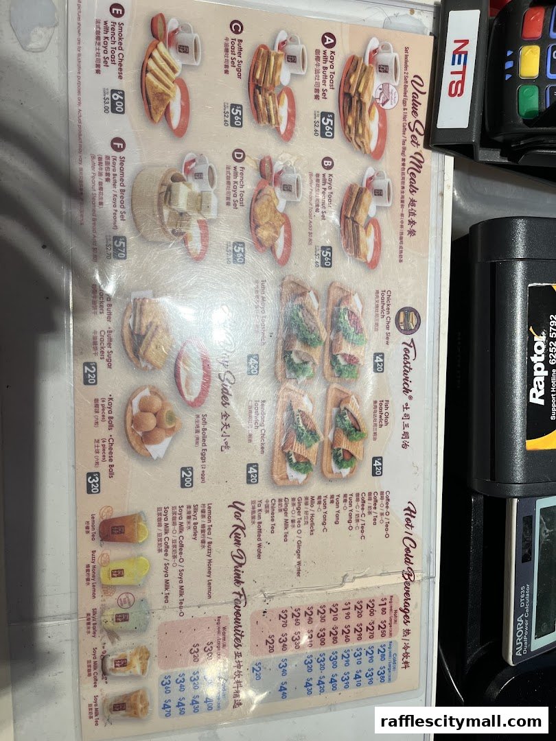 A menu from Ya Kun Kaya Toast featuring value set meals, toastwiches, sides, and beverages.
