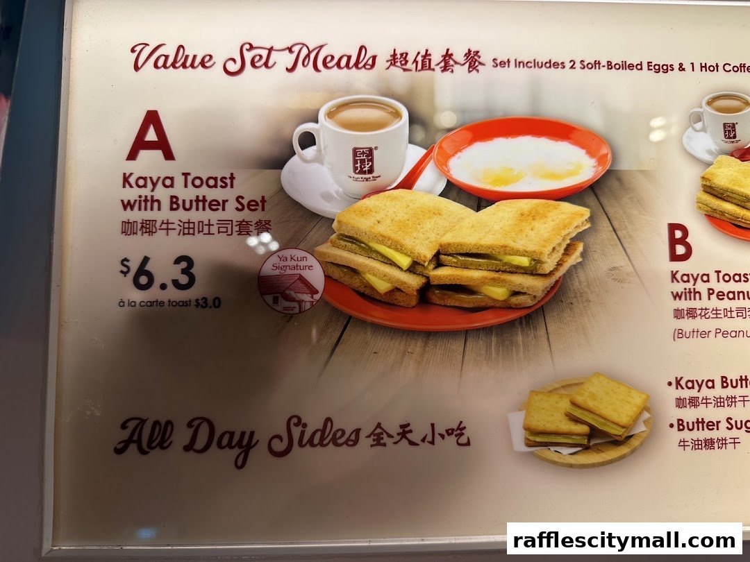 A menu display for Ya Kun Kaya Toast featuring value set meals and all-day sides.