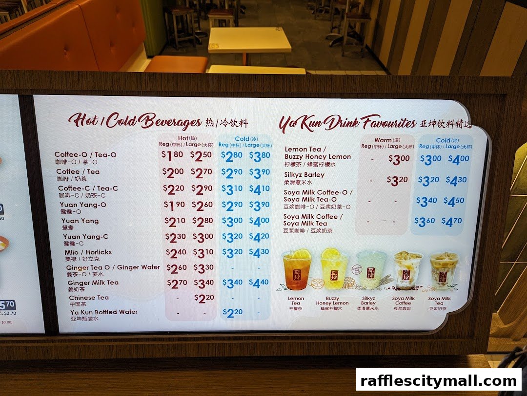 A menu board displaying a variety of hot and cold beverages from Ya Kun Kaya Toast.
