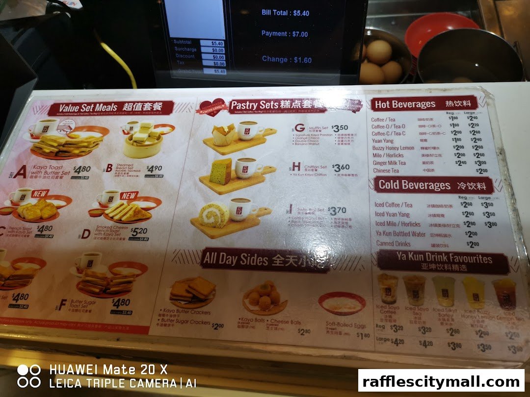 A menu from Ya Kun Kaya Toast featuring value set meals, pastry sets, beverages, and sides.