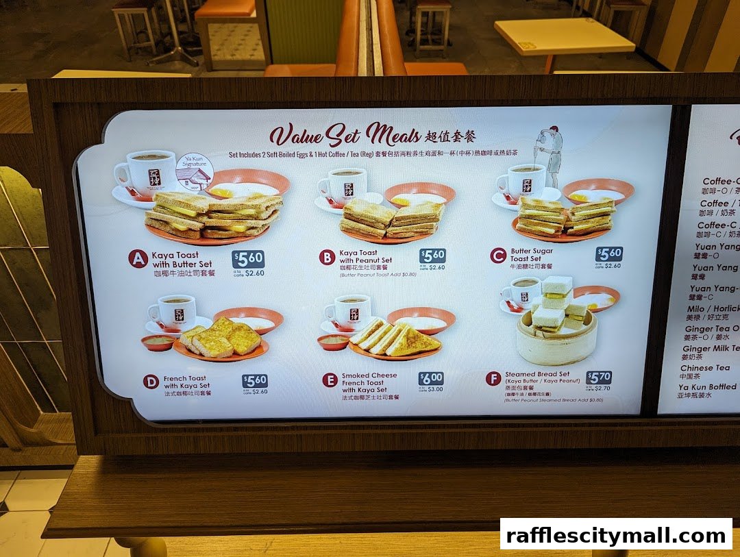 A menu board displaying various value set meals from Ya Kun Kaya Toast.